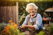 Elderly Woman Gardening, senior woman tending to her garden, gardening as a hobby, active senior in the garden, gardening therapy