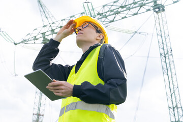 Poster - Engineer with digital tablet on a background of power line tower
