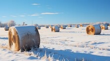 Straw Bales On Farmland In Winter With Blue Cloudy Sky