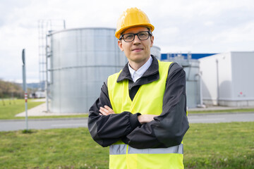 Poster - Portrait of engineer in helmet and glasses.