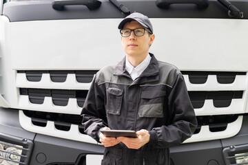 Poster - Manager with a digital tablet next to truck. Fleet management..