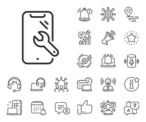 Poster - Phone recovery sign. Place location, technology and smart speaker outline icons. Smartphone repair line icon. Mobile device symbol. Smartphone repair line sign. Vector
