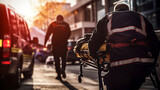 Fototapeta Dziecięca - stockphoto, paramedic transporting a victim of a car accident on a stretcher, ambulance in the background. Medical personel on an car crash scene, transporting a traffic accident victim on a stretcher