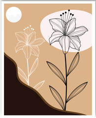 Wall Mural - botanical earth tone boho foliage line art drawing with abstract shape natural wall art vector