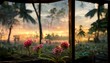a cinematic frame of a backyard through the hut window showing different colour flowers and fauna during sunset in Andaman Islands ultra photorealistic insanely detailed 16k epic lighting 