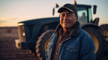 Portrait Of A Native American Indian Farmer In Front Of A Tractor