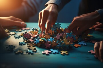 Poster - A group of people working together to solve a puzzle. This image can be used to represent teamwork, problem-solving, collaboration, or brainstorming in various settings.