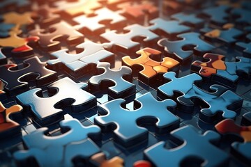 Poster - A pile of puzzle pieces with one missing. This image can be used to represent problem-solving, teamwork, challenges, or completing a task. It can also be used in educational materials or articles abou