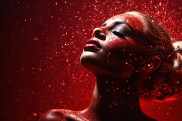 Poster - A woman with red paint on her face. Suitable for artistic projects or Halloween-themed designs.