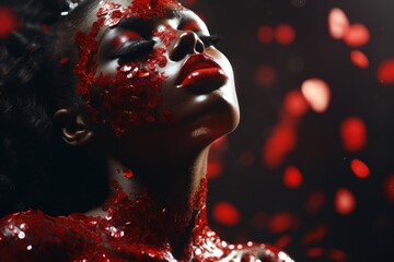 Poster - A woman with red paint on her face. Can be used for artistic, Halloween, or makeup-themed projects.