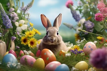 Poster - A rabbit is sitting in a field filled with vibrant and colorful Easter eggs. This image can be used to represent the joy and excitement of Easter celebrations.