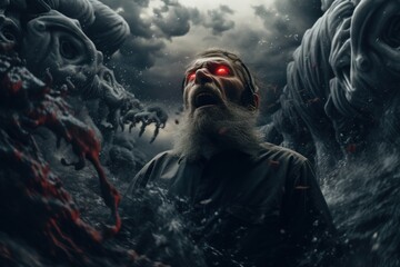 Poster - A picture of a man with a long beard and striking red eyes. This image can be used to create a mysterious or menacing atmosphere in various projects.