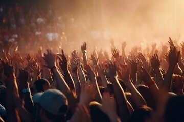 Poster - A vibrant image capturing a large crowd of people with their hands raised in the air. Perfect for illustrating unity, celebration, and excitement. Ideal for use in marketing campaigns, event promotion