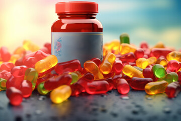 Aufkleber - A bottle of gummy bears placed on top of a colorful pile of gummy bears. This image can be used to showcase the variety and fun of gummy bear candies.