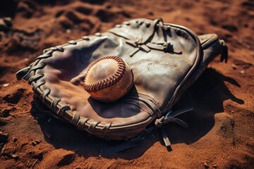 Aufkleber - A baseball resting in a catcher's mitt on sandy ground. This image can be used to depict sports, baseball games, teamwork, or outdoor activities.
