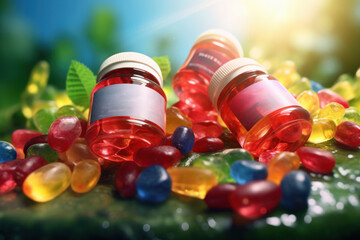 Aufkleber - A close up view of two bottles filled with colorful gummy bears. Perfect for candy lovers and sweet treat enthusiasts. Ideal for use in advertisements, social media posts, or as a background image for