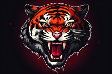 Poster - A close-up view of a tiger's head with its mouth wide open, displaying its sharp teeth. This image can be used to depict the power and ferocity of the tiger, or to symbolize danger and aggression in v