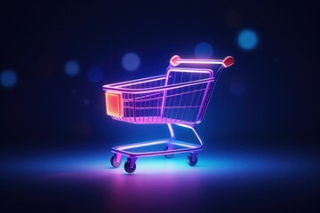 Poster - A shopping cart with a red handle against a dark background. This versatile image can be used to illustrate concepts related to shopping, retail, consumerism, and convenience.