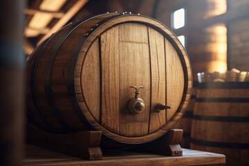 Poster - A wooden barrel sits on top of a wooden table. This image can be used to represent rustic decor, winemaking, or a country setting.