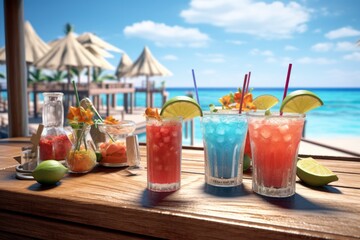 Aufkleber - A wooden table with three glasses filled with various drinks. Perfect for showcasing a variety of beverages or for illustrating a social gathering.