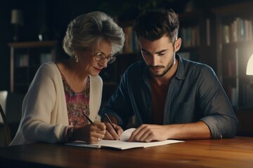 Poster - A picture of a man and a woman sitting at a table writing. This image can be used to depict collaboration, teamwork, or working together on a project.