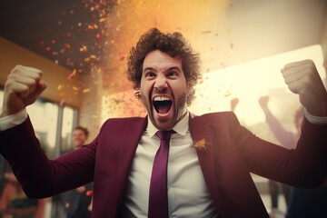 Aufkleber - A man in a suit and tie joyfully celebrates while confetti falls around him. This image can be used to depict excitement, celebration, success, or partying.