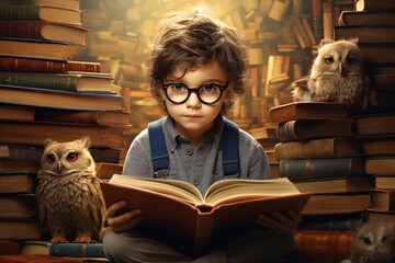 Aufkleber - A young boy is sitting on a pile of books with an owl. This image can be used to represent education, learning, and curiosity.