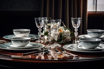 Poster - A table with a collection of plates and glasses. Perfect for showcasing a dining setup or event.