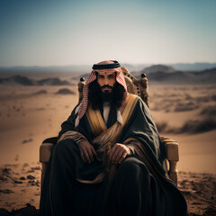 Prince of the Desert, a man with Arab features and a Saudi uniform, looking into the camera lens