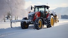 Tractor In Winter Plowing Street Or Road, Agricultural And Snow On Fields.