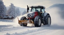 Tractor In Winter Plowing Street Or Road, Agricultural And Snow On Fields.