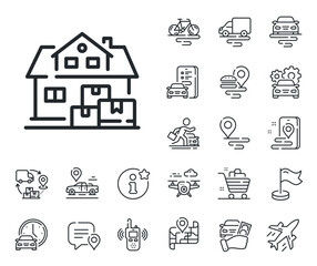 Poster - Package delivery sign. Plane, supply chain and place location outline icons. Home moving line icon. House storage symbol. Home moving line sign. Taxi transport, rent a bike icon. Travel map. Vector