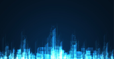 Poster - Cityscape on dark blue background with bright glowing neon. Technology city background