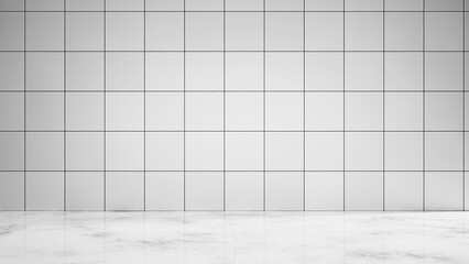Poster - White marble empty table with white tile wall background