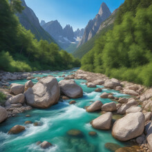 A series of rocky mountain in a clear blue sky and a river running between them with crystal clear water and hard rocks