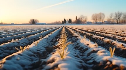 Winter farm field ready for new planting season. Agriculture and agribusiness. Preparatory agricultural work for spring. Choosing right time for sow fields plant seeds, protection from spring frosts.