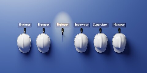 A place to hang safety helmets with their respective job titles, with the manager position vacant. illustration of construction job position vacancy, engineer