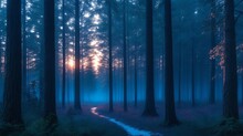 Realistic Forest Photography Captured At The Blue Hour Just Before Sunrise Or After Sunset.