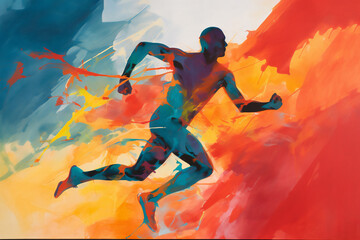 Wall Mural - Male athlete runner doing a training exercise for a sports race event by jogging and running shown in a contemporary athletic abstract design, Generative AI stock illustration image
