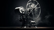 A black and white shot of an antique film projector, casting a nostalgic glow