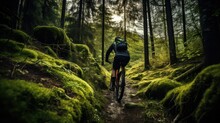 young mountain biker on single trail in green forest