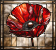 Bright colored red poppy flower, abstract painting in stained glass style