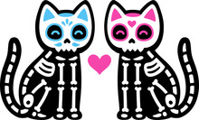 Two Cute Cartoon Skeleton Cats With Mexican Painted Skulls. Male And Female Black Cat Couple. Dia De Los Muertos (Day Of The Dead) Drawing.