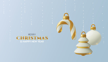 3D Christmas tree ornaments. White and golden minimal greeting card or banner background with toy three dimensional New Year and winter decorations. Vector illustration.