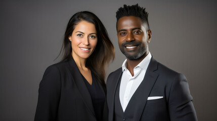 professional brunette female and poc male wearing suits isolated in gray studio portrait