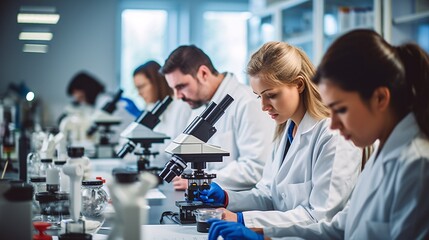 a cluster of university students conducting a microscope experiment in a science lab.