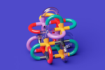 Poster - 3D illustration, neon illusion, isometric abstract shapes, colorful shapes intertwined