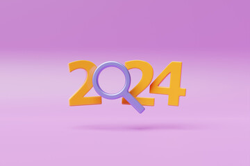 Fototapete - 3d illustration close-up   calendar header number 2024 with  magnifying loupe for  search . Internet search concept. Changeability of years.