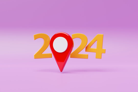 3D closeup illustration of calendar header number 2023 with red navigator icon. Road finding and travel concept