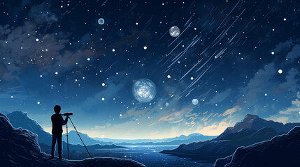 Wall Mural - a man gazes at the night sky through an astronomy telescope, observing stars, planets, the moon, and